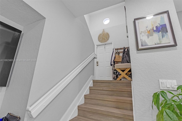 staircase with hardwood / wood-style flooring