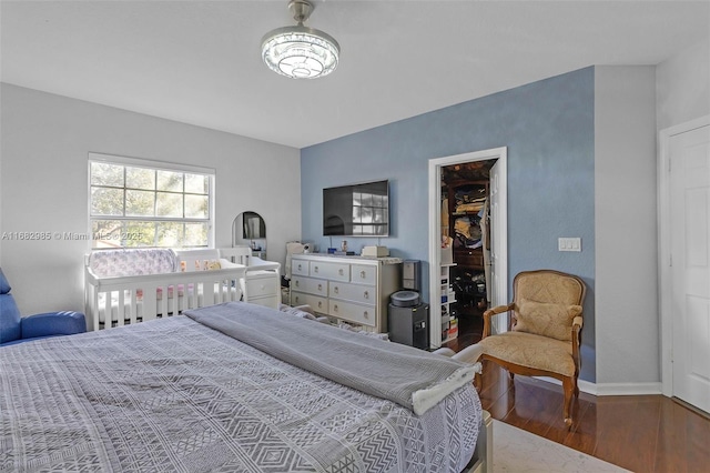 bedroom featuring wood-type flooring, a spacious closet, and a closet