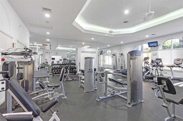 gym featuring a raised ceiling