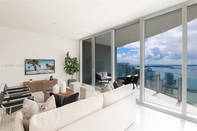 living room featuring a water view, a wall of windows, and a healthy amount of sunlight