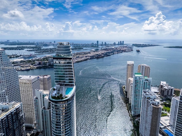 drone / aerial view with a water view