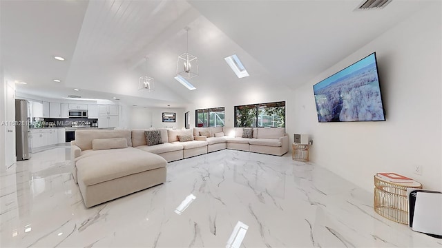 living room featuring high vaulted ceiling and a skylight