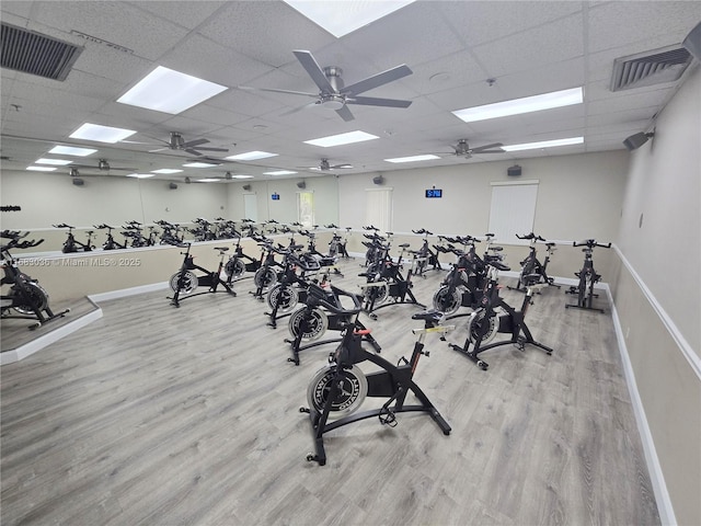 exercise room with a paneled ceiling, ceiling fan, and light wood-type flooring