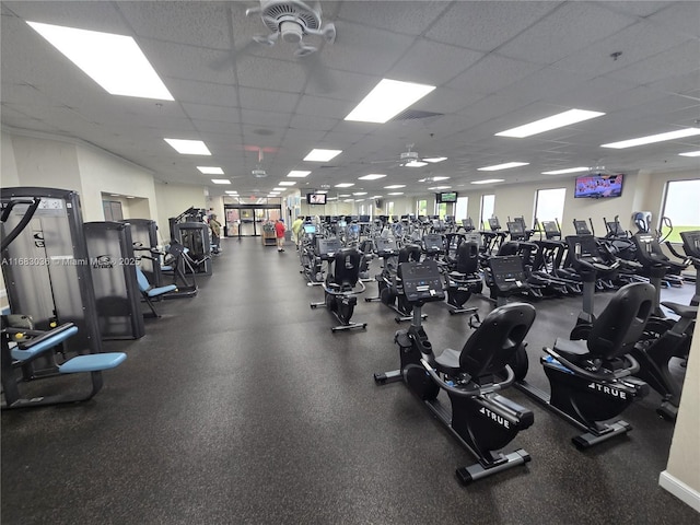 4103 Newport U Unit 4103, Deerfield Beach, FL 33442 - workout area with a drop ceiling and a ceiling fan