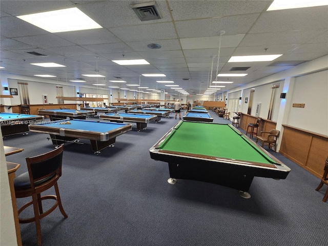 playroom with pool table and a drop ceiling