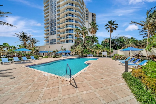 view of swimming pool featuring a patio area