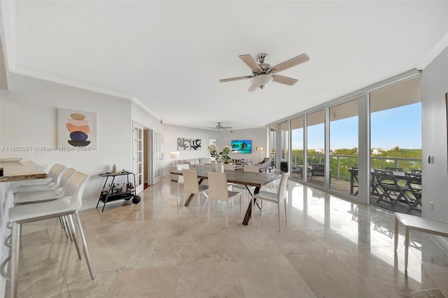 dining room with expansive windows, crown molding, and ceiling fan