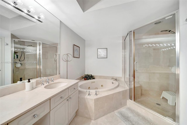 bathroom featuring vanity, plus walk in shower, and tile patterned floors