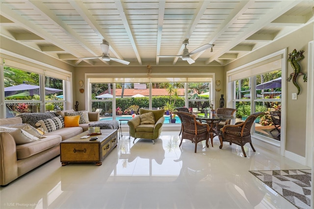 sunroom / solarium featuring ceiling fan and beamed ceiling