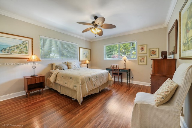 bedroom with ornamental molding, dark hardwood / wood-style flooring, and ceiling fan