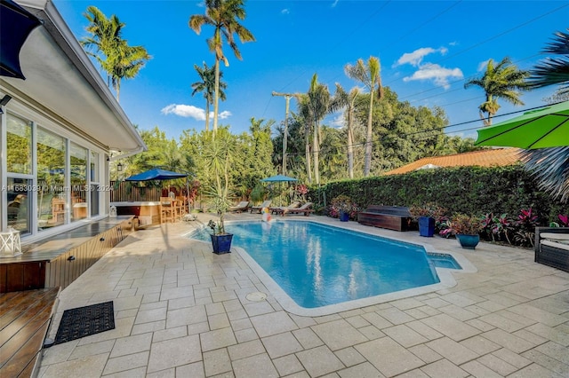 view of pool featuring a hot tub and a patio area