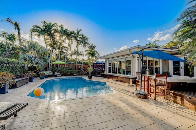 view of swimming pool with a patio area and an outdoor bar