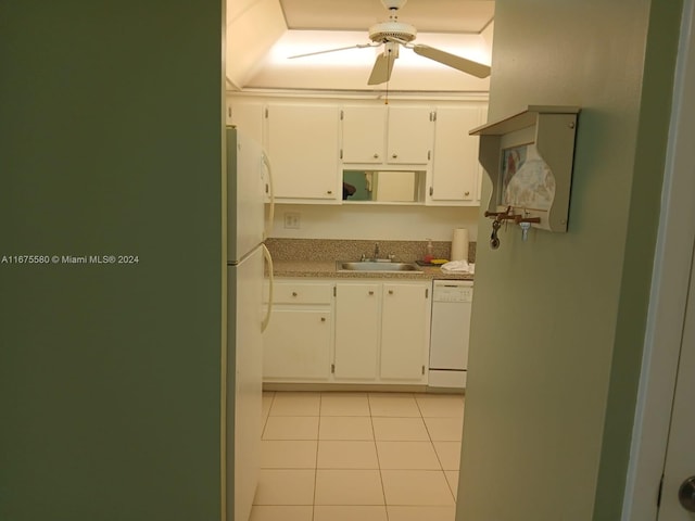 1913 S Ocean Dr Unit 423, Hallandale Beach, FL 33009 - kitchen featuring white appliances, ceiling fan, a sink, light tile patterned flooring, and white cabinets