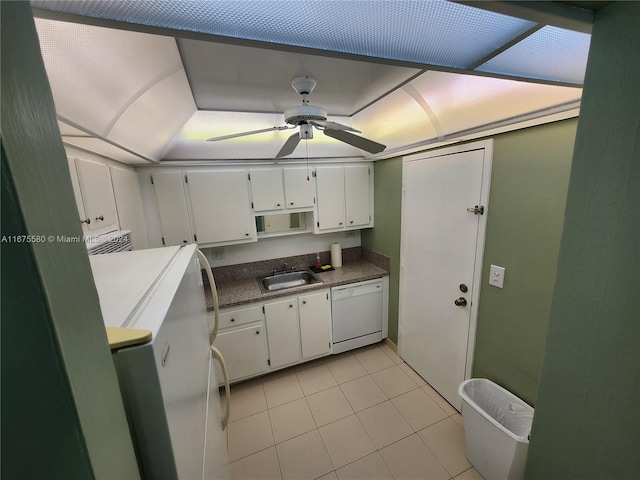 kitchen with white cabinetry, ceiling fan, dishwasher, and sink