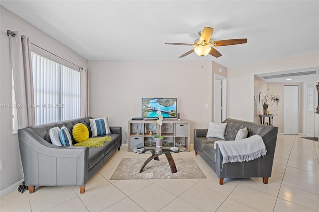 living room with light tile patterned floors and ceiling fan