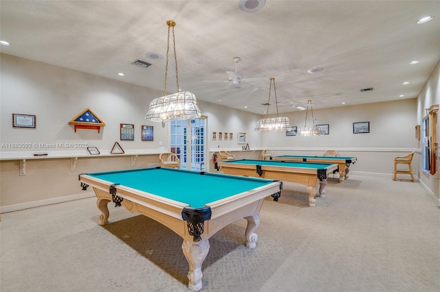 game room with ceiling fan, french doors, light colored carpet, and pool table