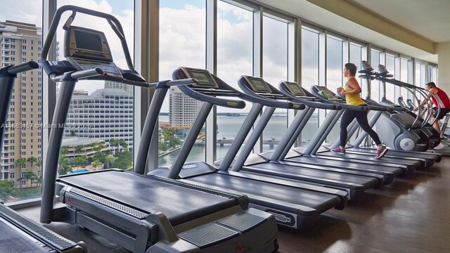 485 Brickell Ave Unit 3906, Miami, FL 33131 - exercise room featuring a city view and a water view