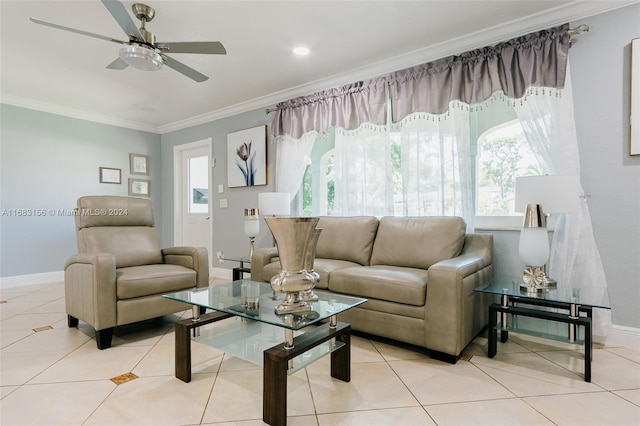 living room featuring crown molding, light tile patterned floors, and ceiling fan