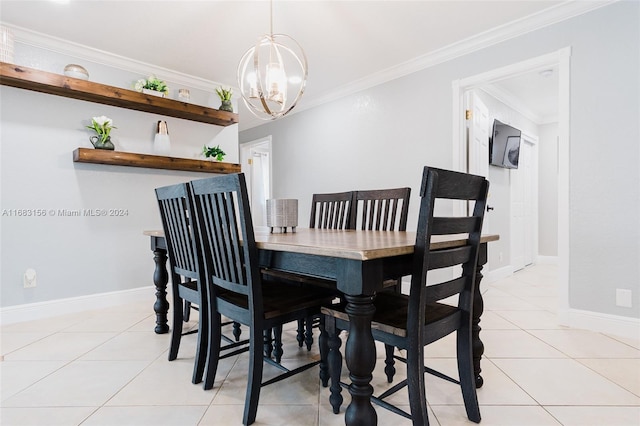 dining space featuring crown molding, a chandelier, and light tile patterned floors