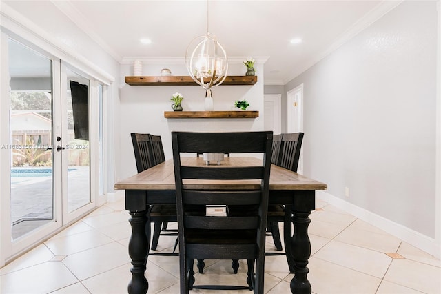 tiled dining room with crown molding and an inviting chandelier