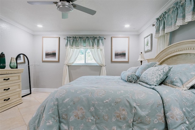 tiled bedroom featuring crown molding and ceiling fan