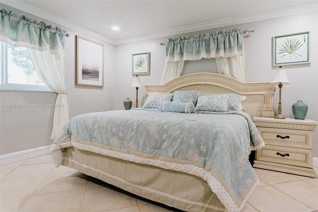 tiled bedroom featuring crown molding