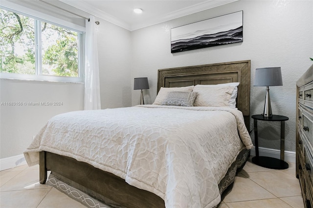 tiled bedroom with ornamental molding