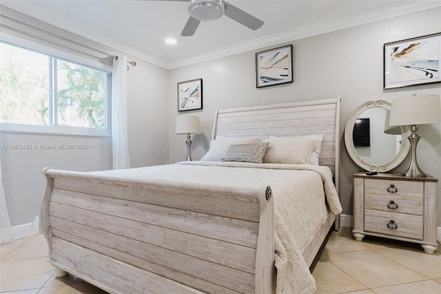 bedroom with ornamental molding, light tile patterned floors, and ceiling fan