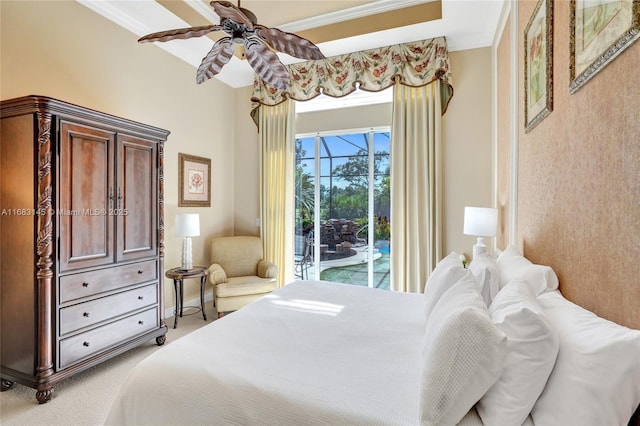 bedroom with crown molding, ceiling fan, carpet, and access to outside