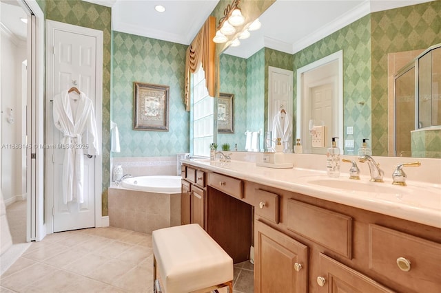 bathroom with crown molding, tile patterned floors, vanity, and shower with separate bathtub