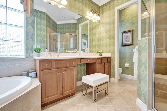 full bathroom with ornamental molding, toilet, independent shower and bath, and tile patterned flooring