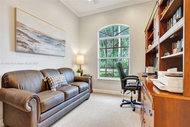 office space with ornamental molding and light colored carpet