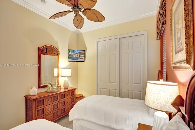 carpeted bedroom featuring ceiling fan, ornamental molding, and a closet