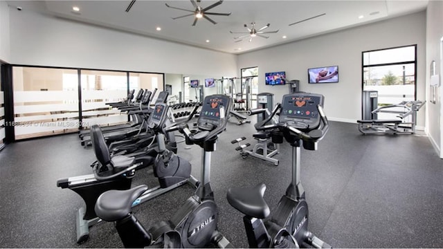 workout area featuring a healthy amount of sunlight and ceiling fan