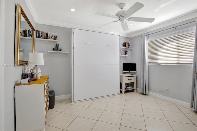 bedroom with crown molding, light tile patterned flooring, and ceiling fan