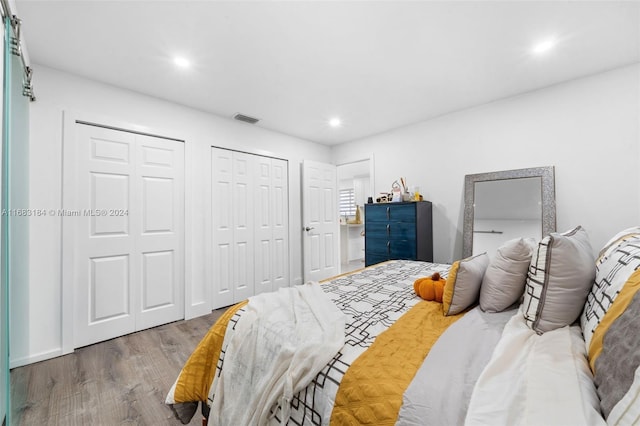 bedroom featuring hardwood / wood-style flooring and two closets