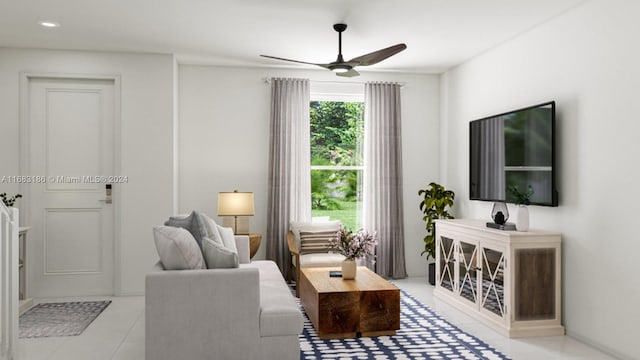 tiled living room featuring ceiling fan