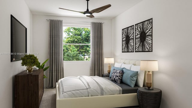 carpeted bedroom featuring ceiling fan