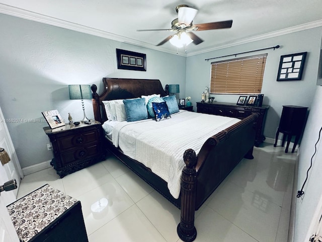 bedroom featuring ceiling fan, light tile patterned floors, and ornamental molding