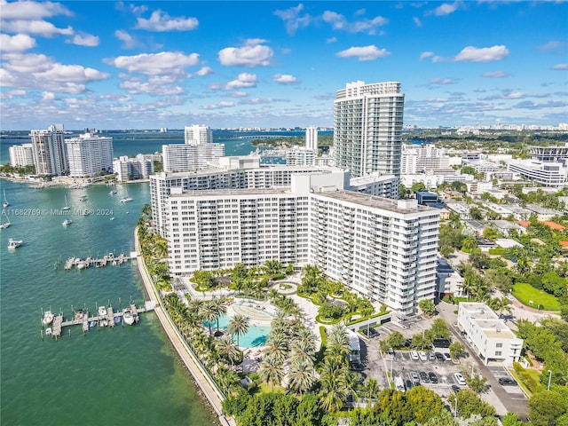 bird's eye view with a water view