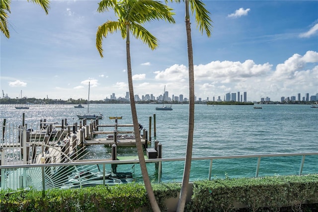 view of dock with a water view