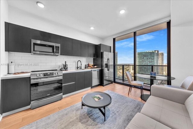 kitchen with sink, light wood-type flooring, stainless steel appliances, and tasteful backsplash