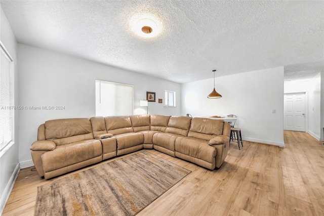 living room with light hardwood / wood-style floors and a textured ceiling