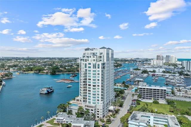 bird's eye view with a water view