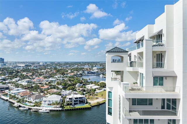 drone / aerial view with a water view