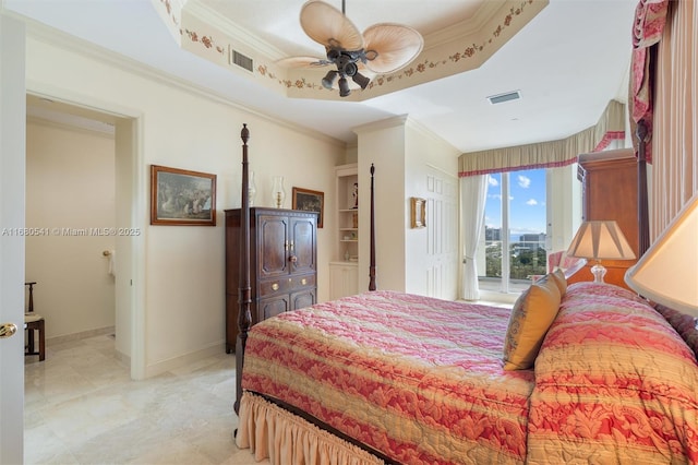 bedroom featuring access to exterior, ceiling fan, a raised ceiling, and crown molding