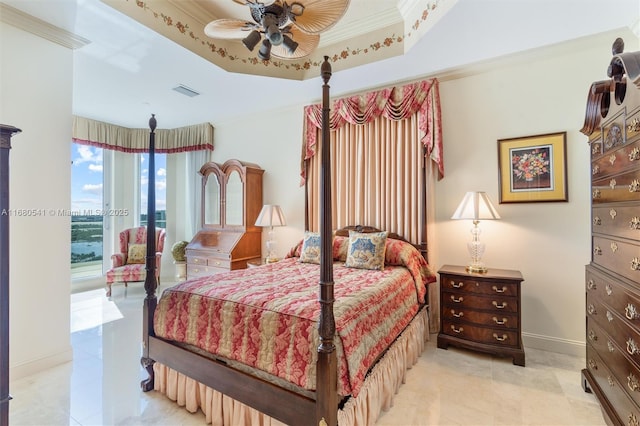 bedroom with light tile patterned floors, ceiling fan, a raised ceiling, access to exterior, and ornamental molding