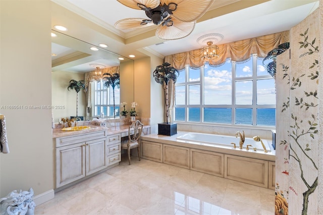 bathroom with vanity, ceiling fan, crown molding, a bath, and a water view