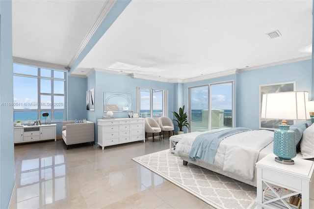 bedroom featuring a water view, access to outside, and ornamental molding