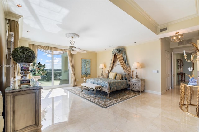 bedroom featuring access to outside and ornamental molding